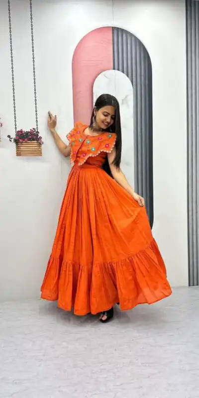 Lovely Orange Roman Thread Khatli Work Gown