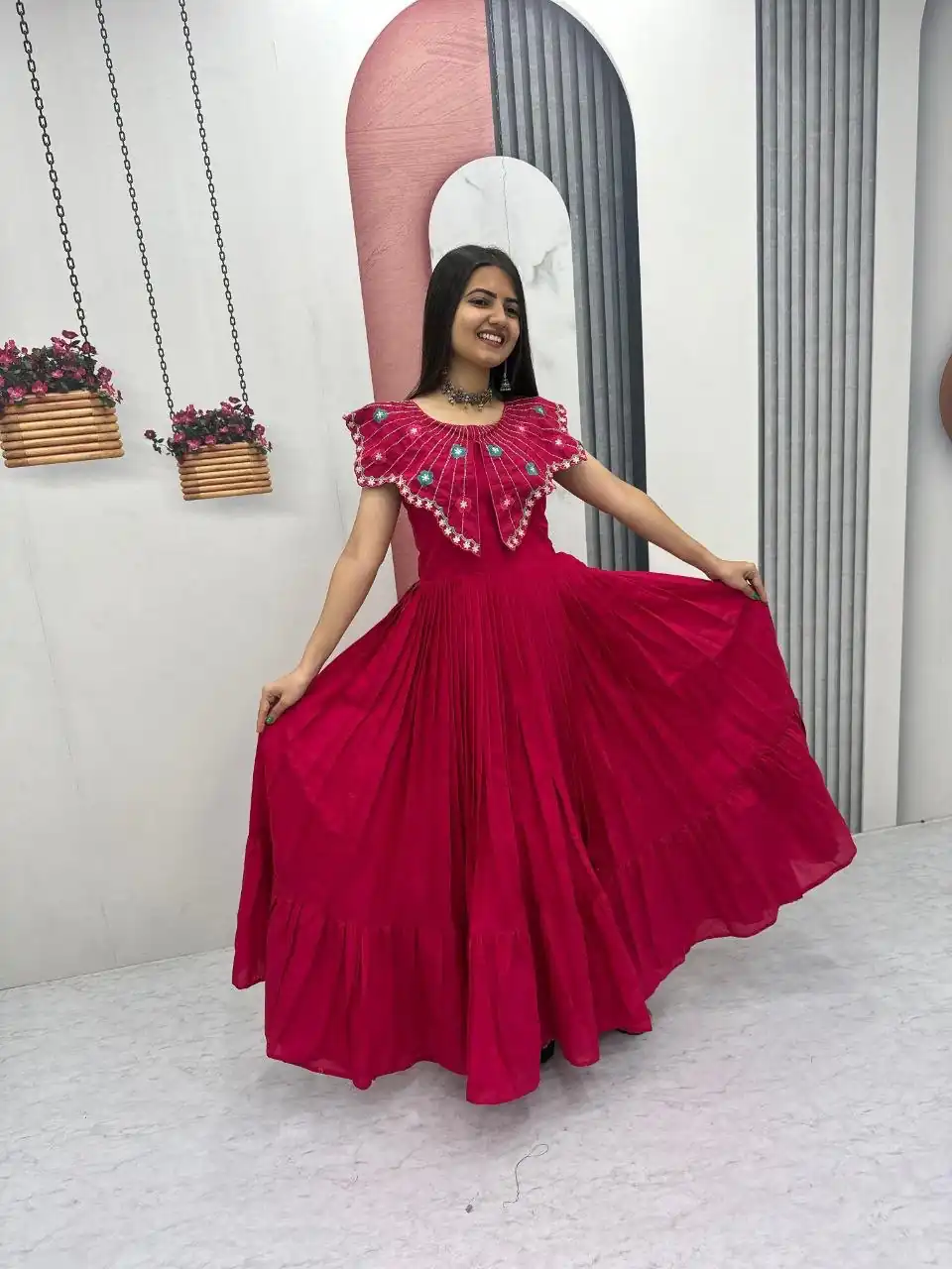 Lovely Pink Roman Thread Khatli Work Gown - Image 3
