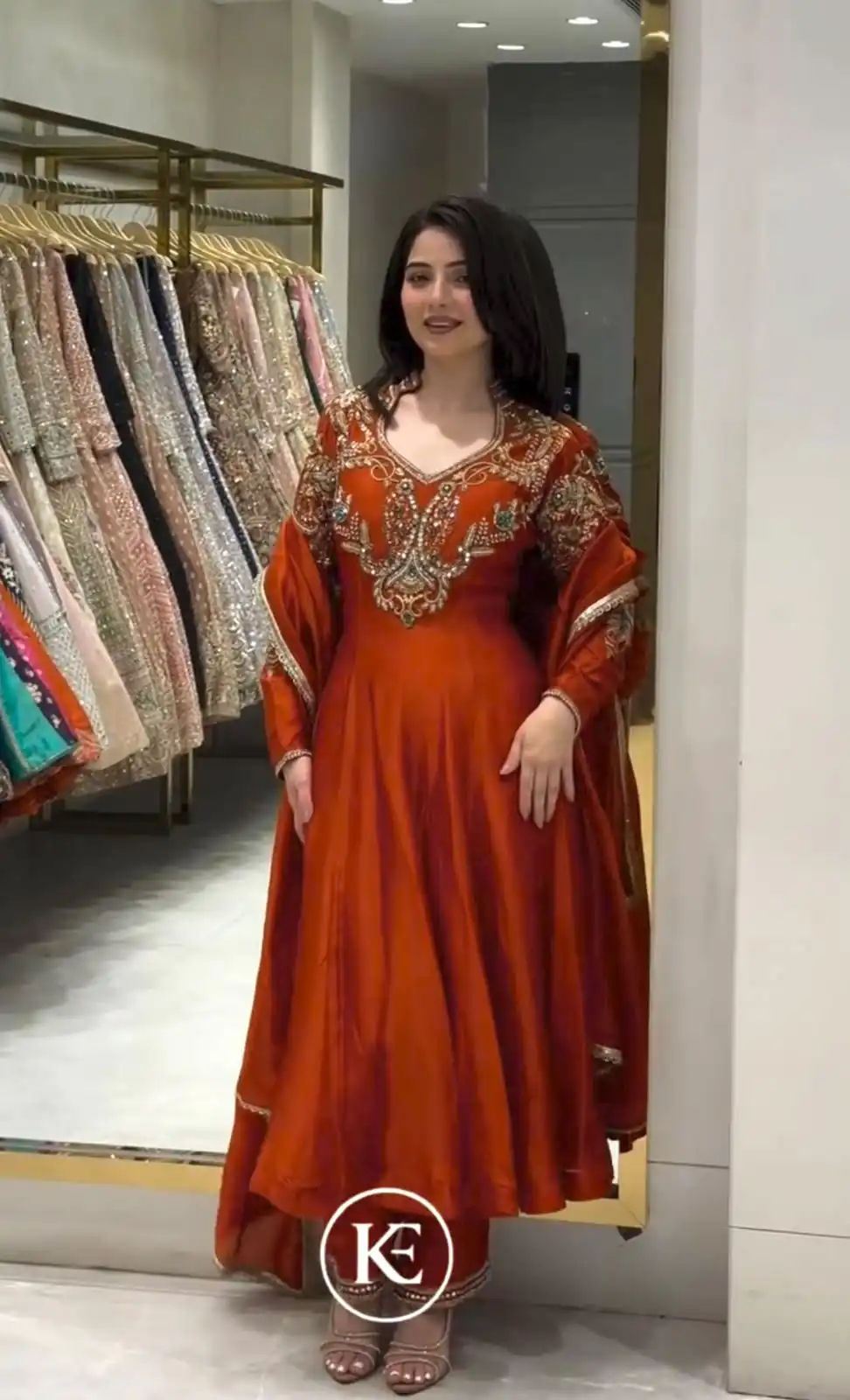 Lovely Rust Roman Silk Beads Embroidery Work Gown - Image 9
