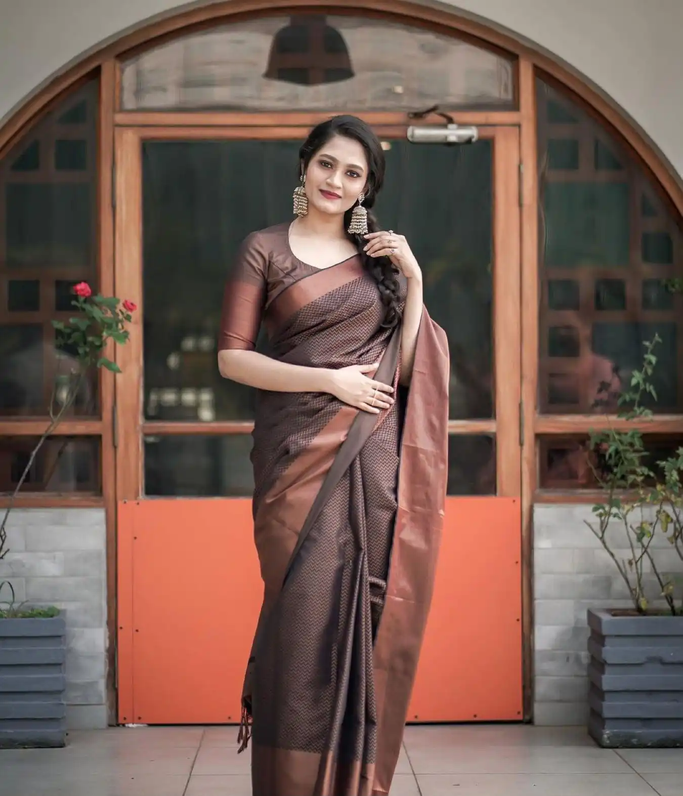 Magical Brown Soft Lichi Jacquard Work Saree - Image 11