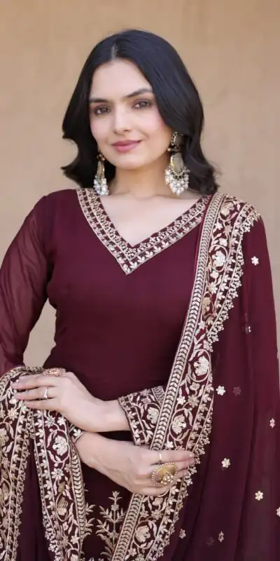 Alternative view of Magical Maroon Faux Blooming Sequence Work Gown