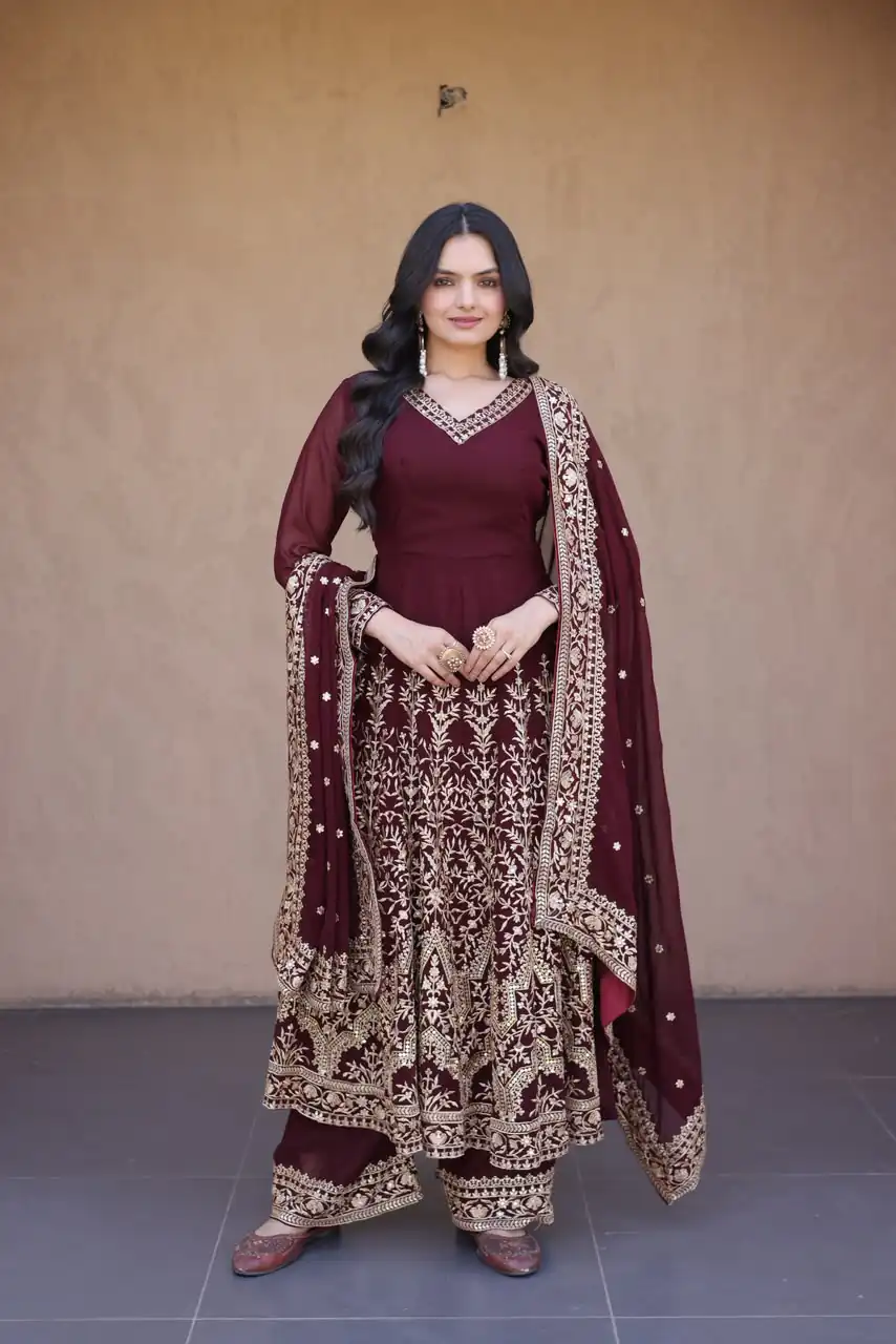 Magical Maroon Faux Blooming Sequence Work Gown