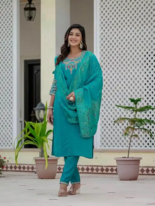 Nice Firozi Roman Silk Sequins Work Salwar Suit - Image 6