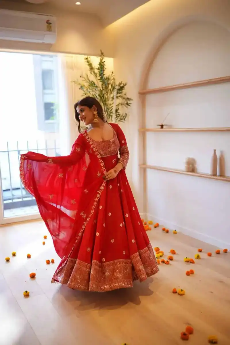 Nice Red Faux Georgette Thread Work Anarkali Suit - Image 2