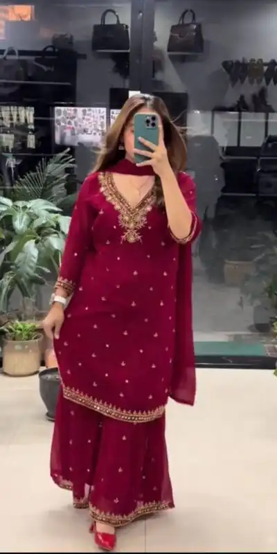Perfect Maroon Faux Georgette Mirror Hand Work Salwar Suit