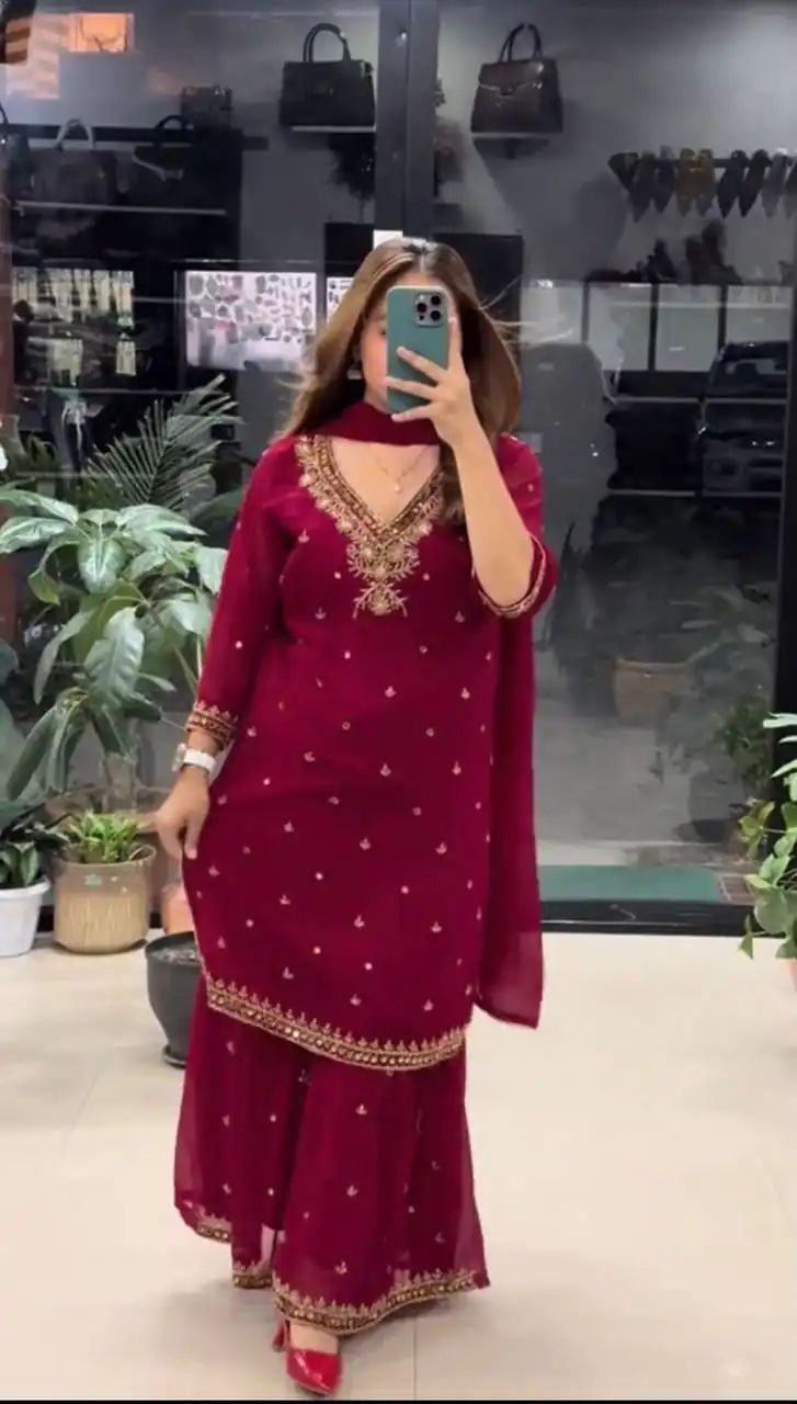 Perfect Maroon Faux Georgette Mirror Hand Work Salwar Suit