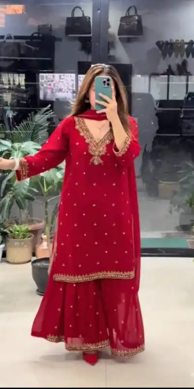 Perfect Red Faux Georgette Mirror Hand Work Salwar Suit