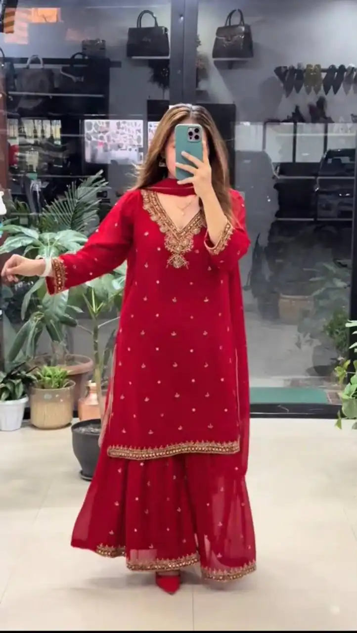 Perfect Red Faux Georgette Mirror Hand Work Salwar Suit