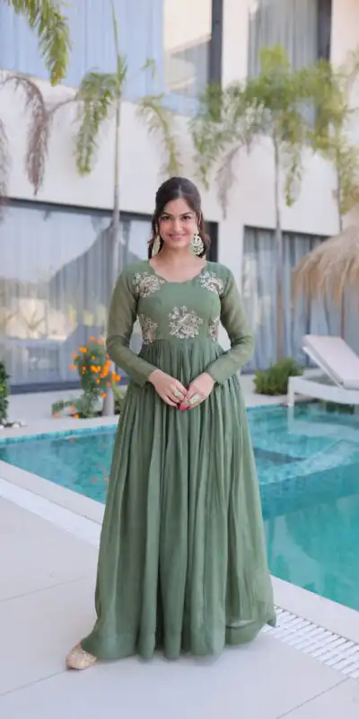Pretty Pista Silver Crunchy Beads Work Gown