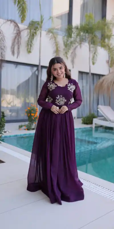 Pretty Purple Silver Crunchy Beads Work Gown