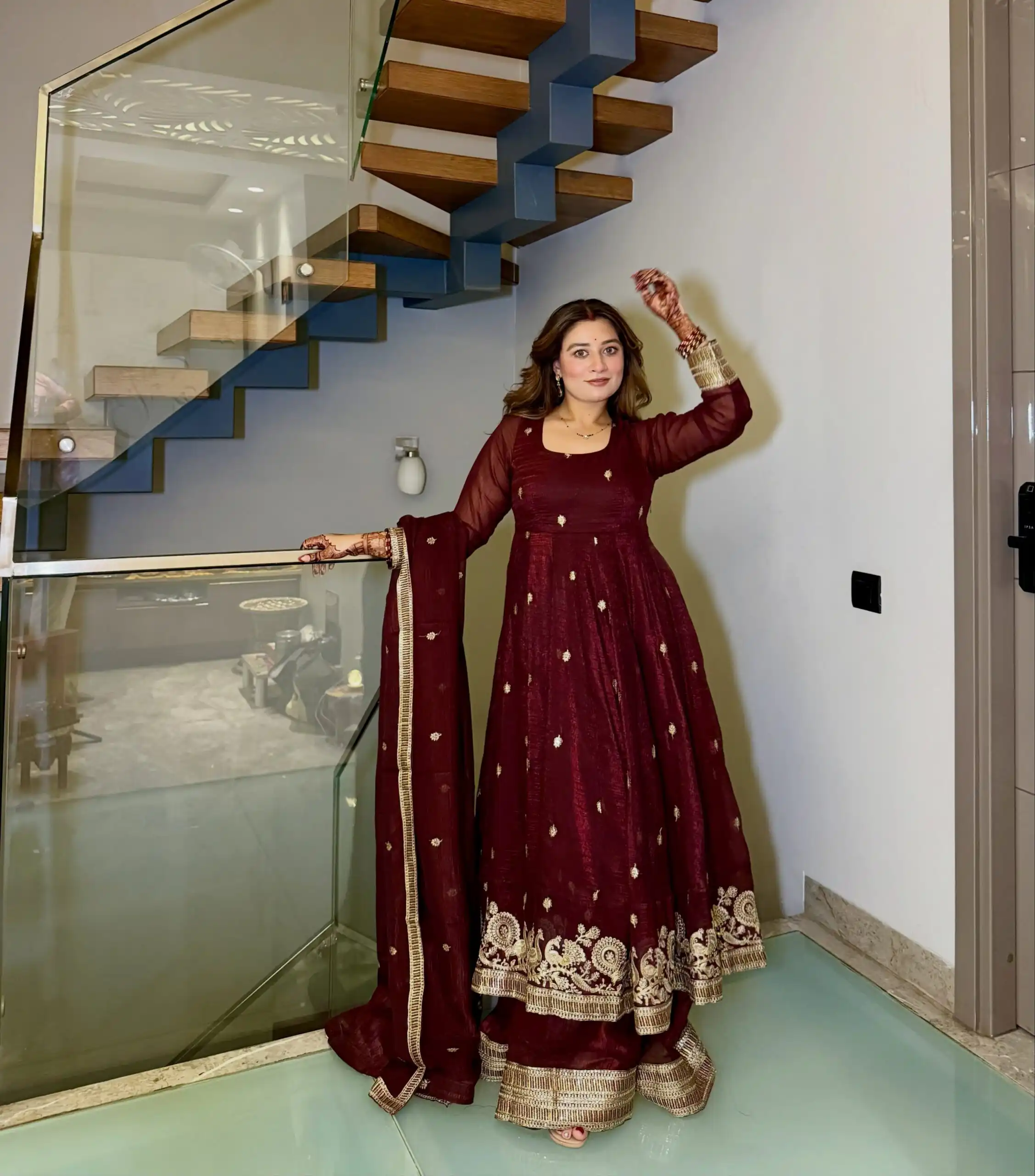Super Maroon Gold Crazy Embroidery Work Salwar Suit - Image 2