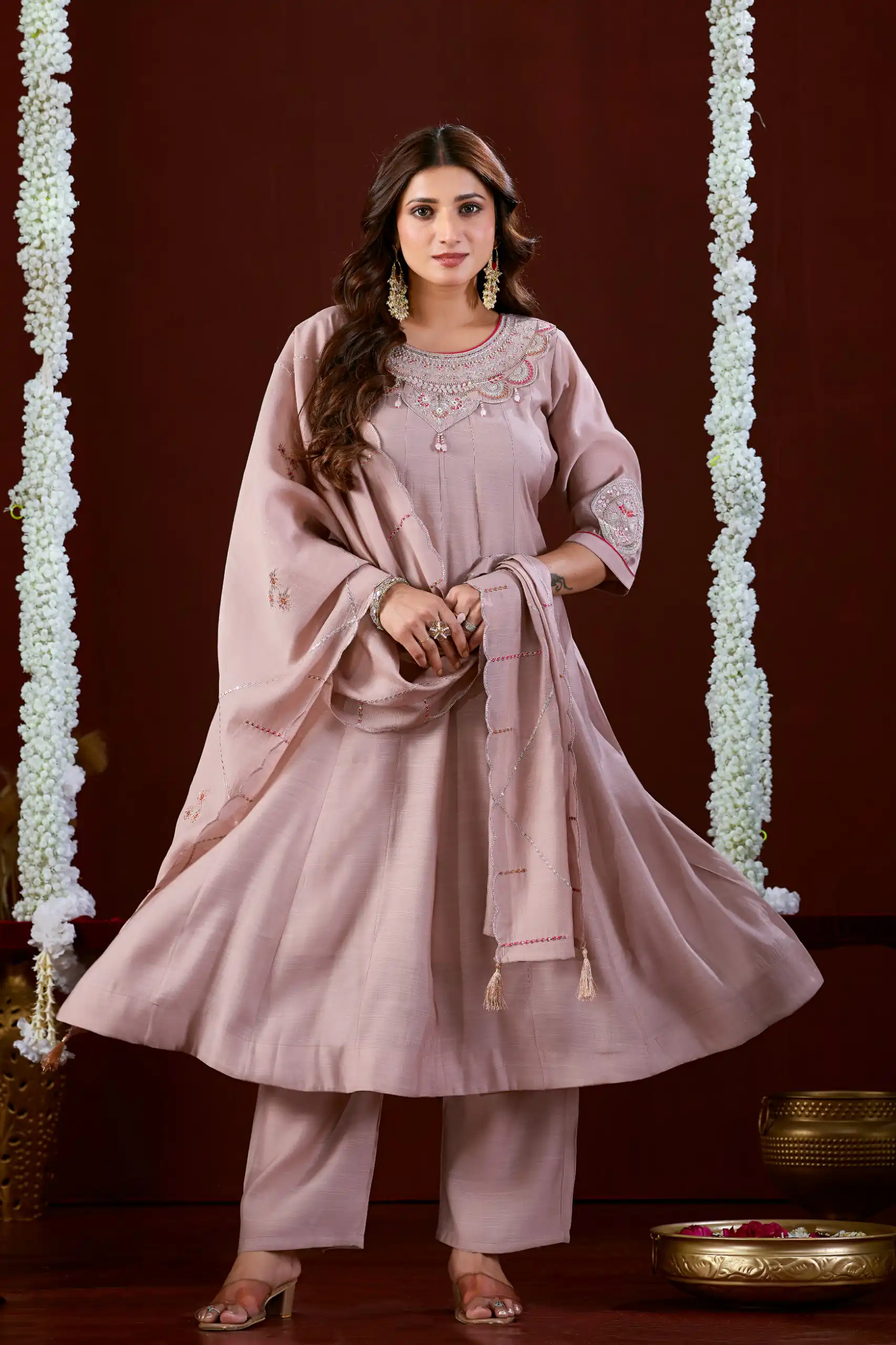Super Pink Mul Slub Thread Work Salwar Suit