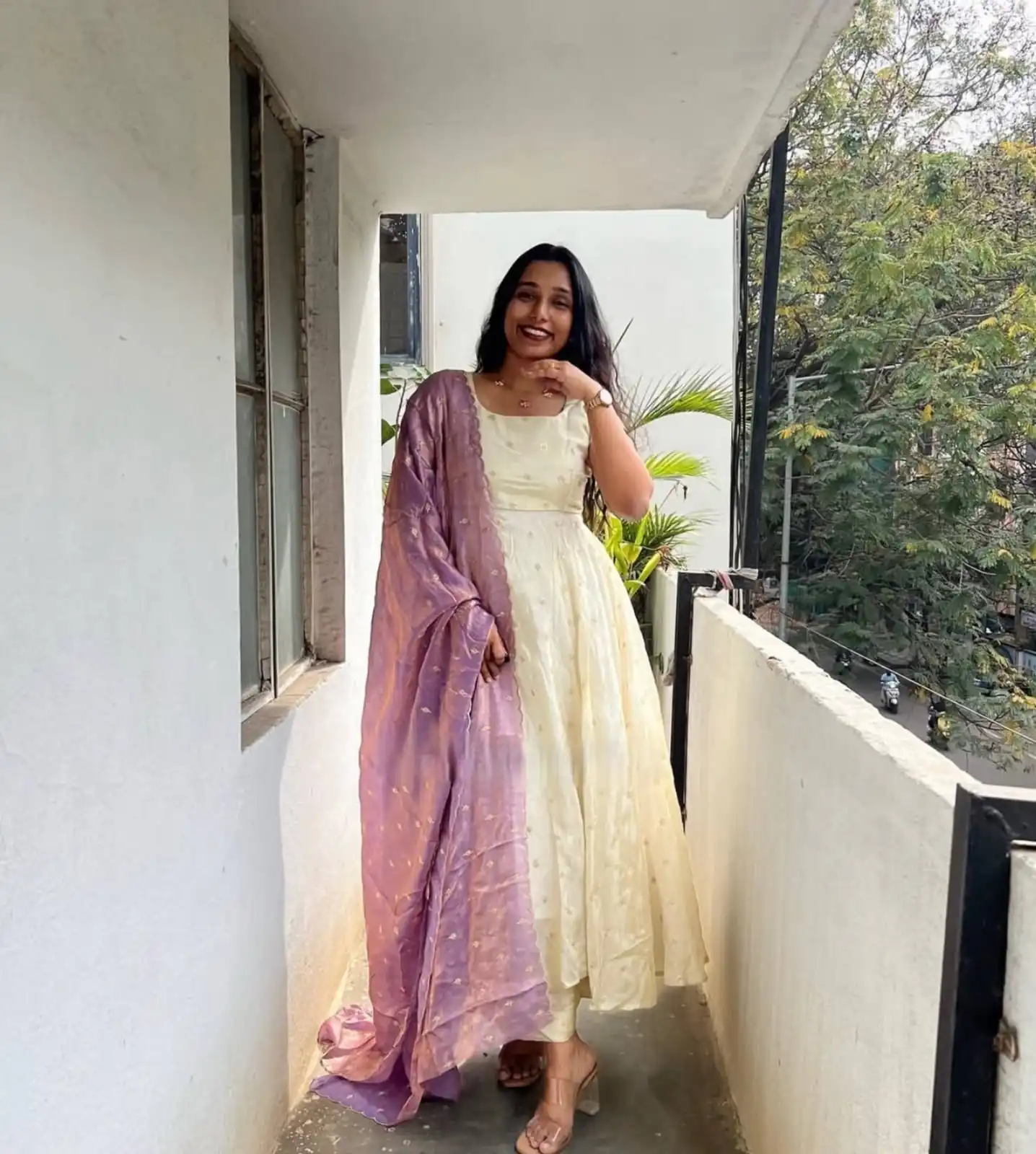 Trendy White Chinon Silk Sequins Work Lavender Dupatta Gown - Image 2