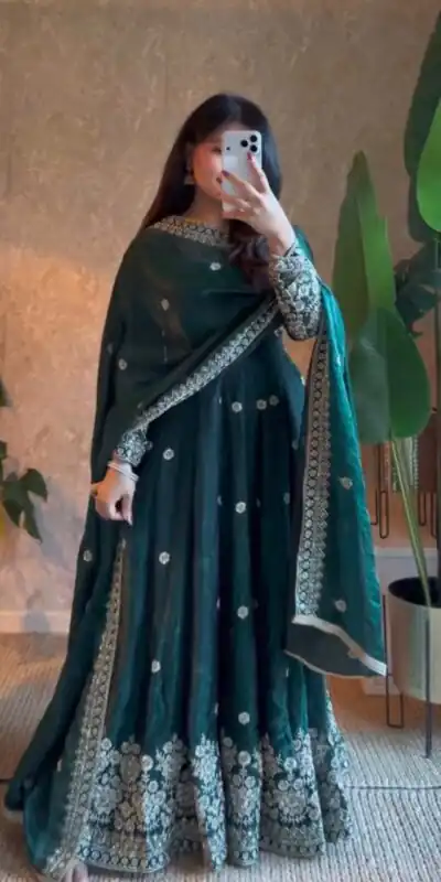 Alternative view of Unique Teal Fendy Silk Embroidery Work Gown