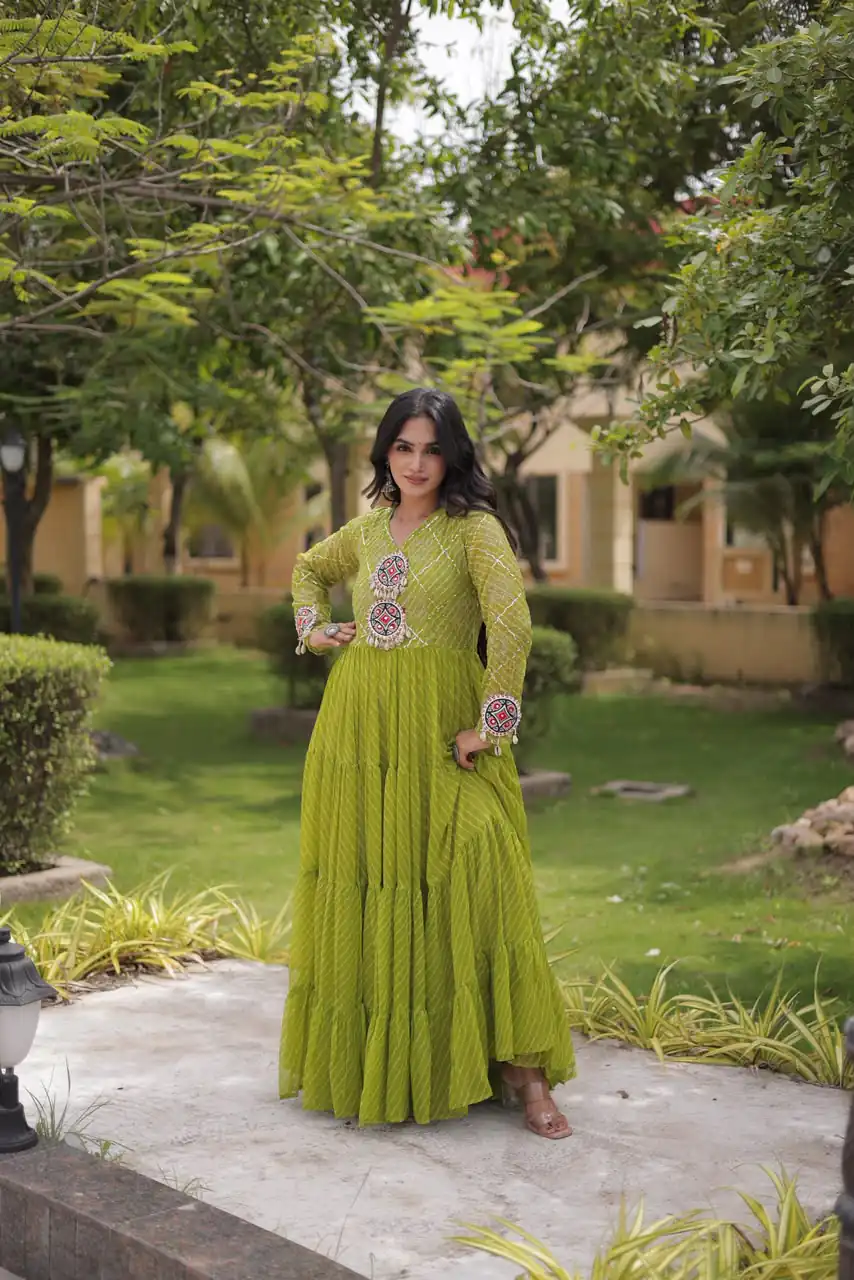 KA 1275 Green in Colour Faux Georgette Bandhani Print Work Gown. Available at ₹1669 only. Delivery 4-6 Working Days. Shop now. | Gowns, Bollywood Gowns, Creative Gowns, Designer Gowns, Embroidered Gowns, Party Wear Gowns