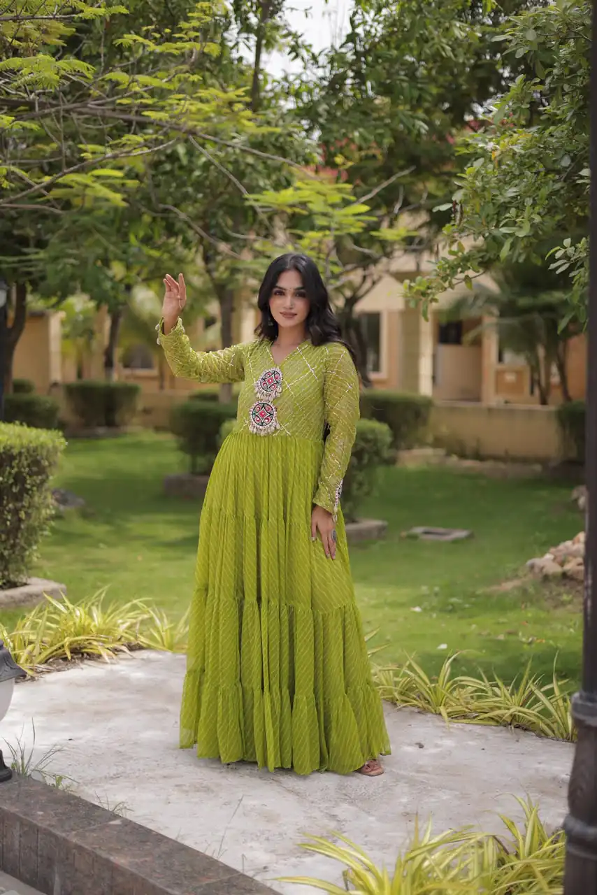KA 1275 Green in Colour Faux Georgette Bandhani Print Work Gown. Available at ₹1669 only. Delivery 4-6 Working Days. Shop now. | Gowns, Bollywood Gowns, Creative Gowns, Designer Gowns, Embroidered Gowns, Party Wear Gowns