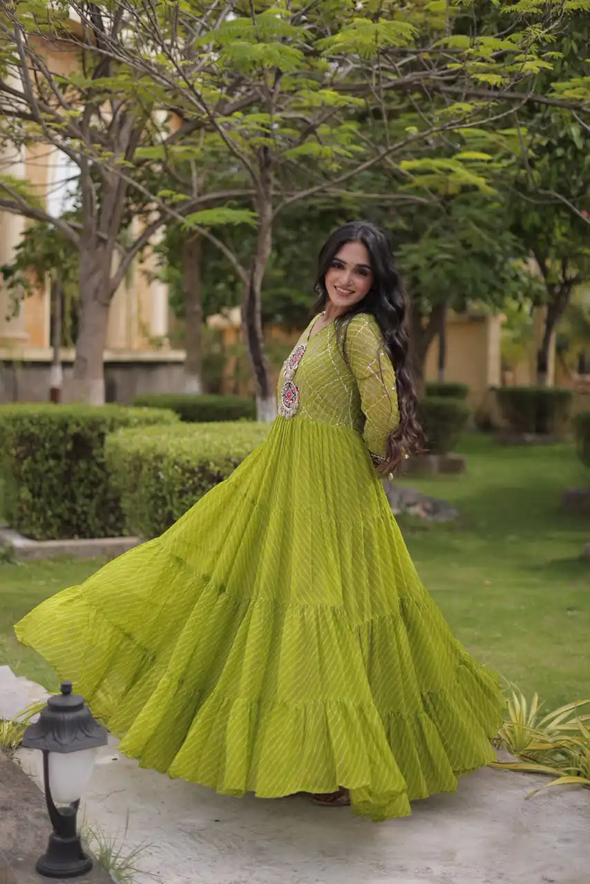 KA 1275 Green in Colour Faux Georgette Bandhani Print Work Gown. Available at ₹1669 only. Delivery 4-6 Working Days. Shop now. | Gowns, Bollywood Gowns, Creative Gowns, Designer Gowns, Embroidered Gowns, Party Wear Gowns