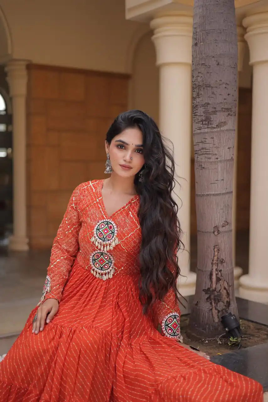 KA 1275 Orange in Colour Faux Georgette Bandhani Print Work Gown. Available at ₹1669 only. Delivery 4-6 Working Days. Shop now. | Gowns, Bollywood Gowns, Creative Gowns, Designer Gowns, Embroidered Gowns, Party Wear Gowns
