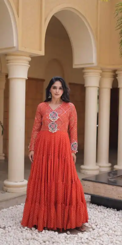 KA 1275 Orange in Colour Faux Georgette Bandhani Print Work Gown. Available at ₹1669 only. Delivery 4-6 Working Days. Shop now. | Gowns, Bollywood Gowns, Creative Gowns, Designer Gowns, Embroidered Gowns, Party Wear Gowns