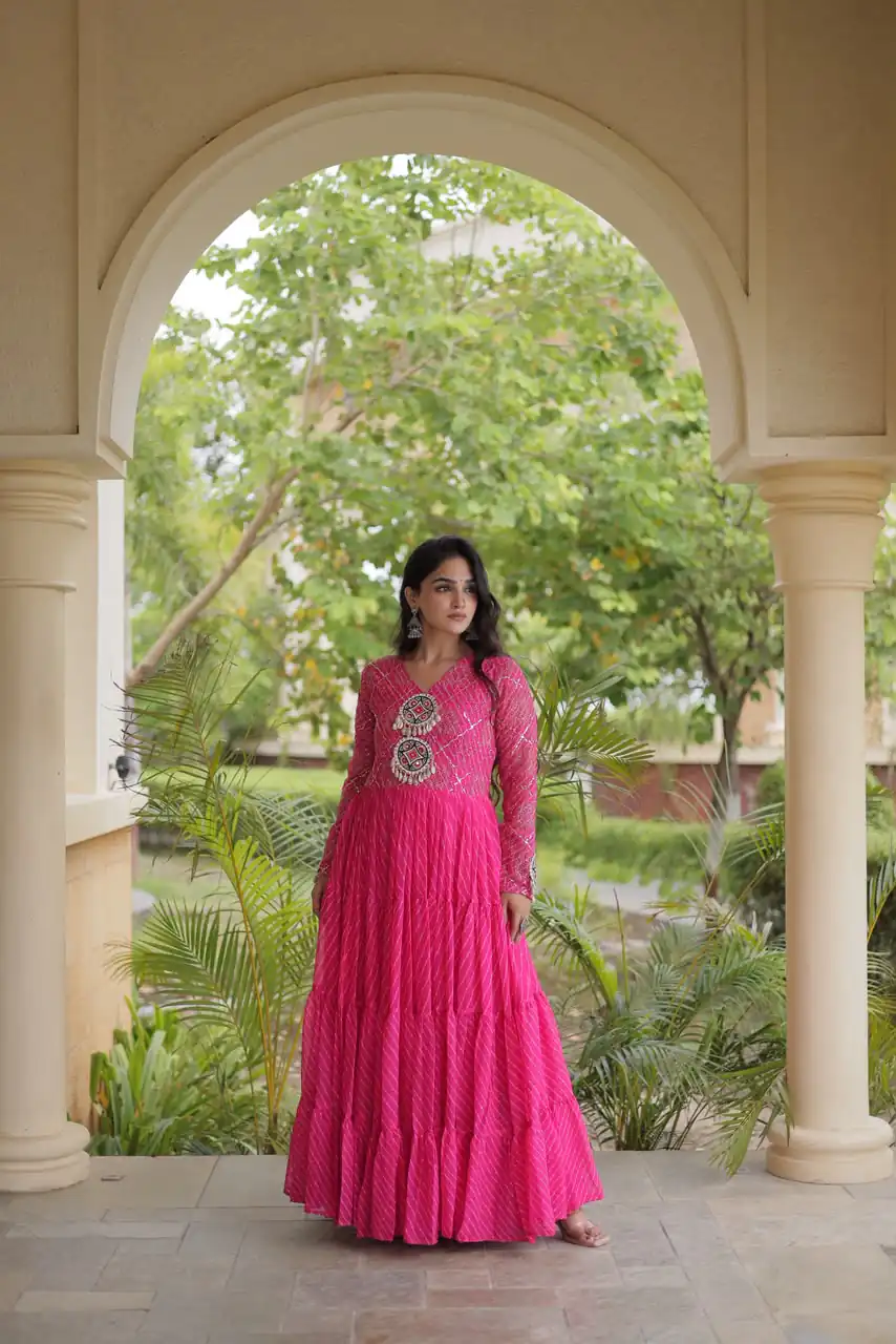 KA 1275 Pink in Colour Faux Georgette Bandhani Print Work Gown. Available at ₹1669 only. Delivery 4-6 Working Days. Shop now. | Gowns, Bollywood Gowns, Creative Gowns, Designer Gowns, Embroidered Gowns, Party Wear Gowns
