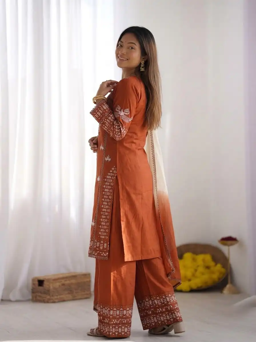 NSR 888 Rust Rayon Salwar Suit with Embroidery Work & Thread Embroidery. Best Price ₹2199. Delivery 4-6 Working Days. Shop now. | Jump Suits, Salwar suit, Casual Suits, Creative suits, Designer Suits, Palazzo Suits, Party Wear Suits, Patiala Suits, Straight Suits