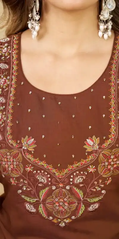 DIVA 194 Brown Thread Embroidery & Embroidery Work Salwar Suit in Brown Marina Silk. Now at just ₹2799. Delivery 4-6 Working Days. Shop now. | Jump Suits, Salwar suit, Casual Suits, Creative suits, Designer Suits, Palazzo Suits, Party Wear Suits, Patiala Suits, Straight Suits
