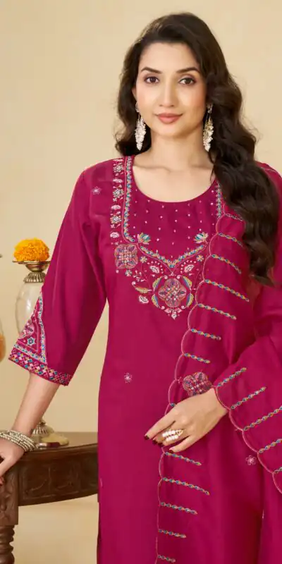 DIVA 194 Pink Thread Embroidery & Embroidery Work Salwar Suit in Brown Marina Silk. Now at just ₹2799. Delivery 4-6 Working Days. Shop now. | Jump Suits, Salwar suit, Casual Suits, Creative suits, Designer Suits, Palazzo Suits, Party Wear Suits, Patiala Suits, Straight Suits