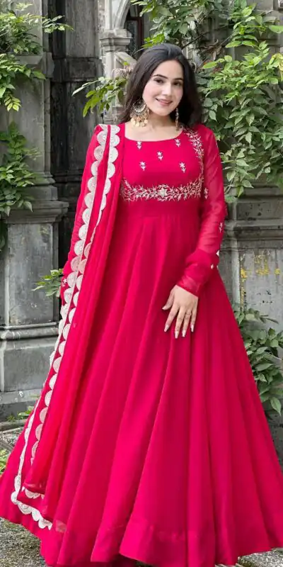 ZB 5078 Pink Faux Georgette Gown with Mirror Work & Embroidery Work. Get it for ₹2199. Delivery 4-6 Working Days. Online Shop now. | Gowns, Bollywood Gowns, Creative Gowns, Designer Gowns, Embroidered Gowns, Party Wear Gowns