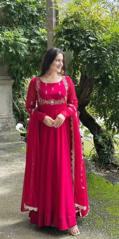 ZB 5078 Pink Faux Georgette Gown with Mirror Work & Embroidery Work. Get it for ₹2199. Delivery 4-6 Working Days. Online Shop now. | Gowns, Bollywood Gowns, Creative Gowns, Designer Gowns, Embroidered Gowns, Party Wear Gowns