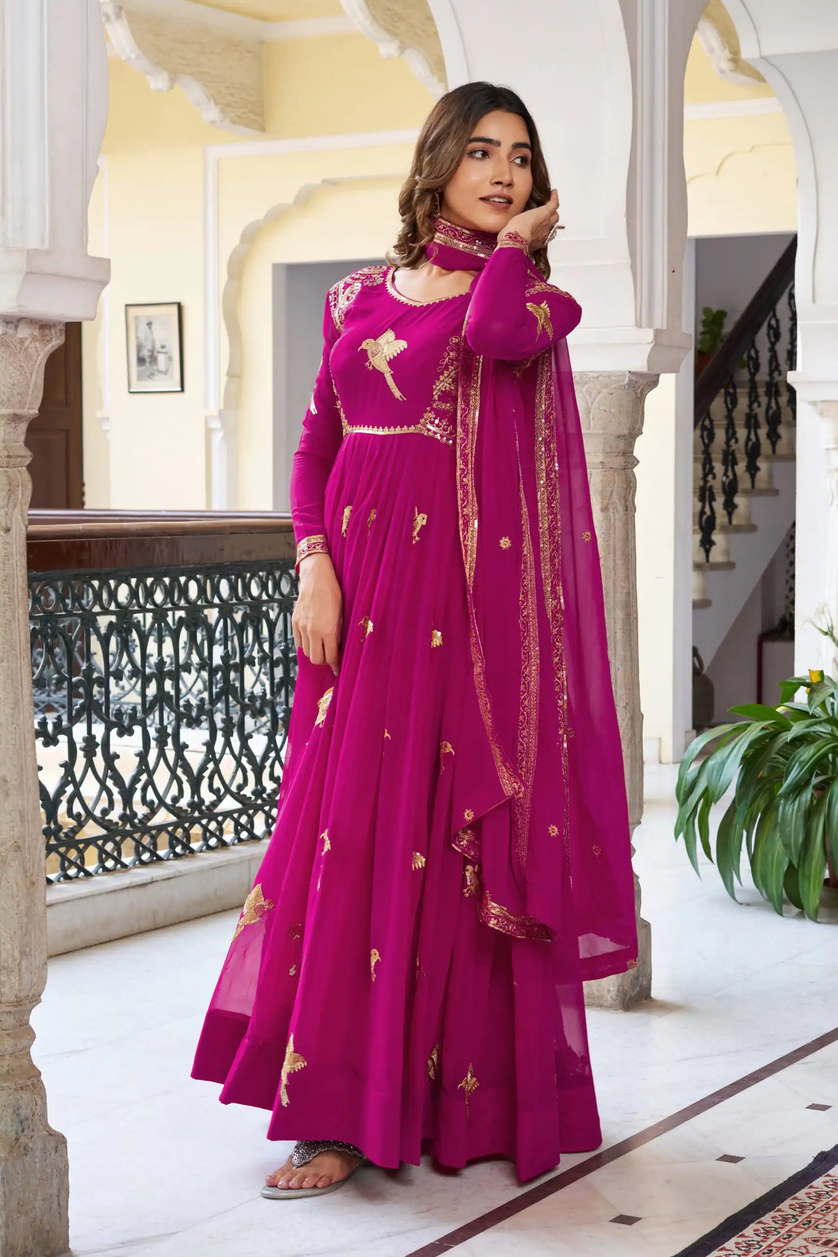 SP 30 Pink Faux Georgette Gown with Mirror Work & Embroidery Work. Get it for ₹1799. Delivery 4-6 Working Days. Online Shop now. | Gowns, Bollywood Gowns, Creative Gowns, Designer Gowns, Embroidered Gowns, Party Wear Gowns