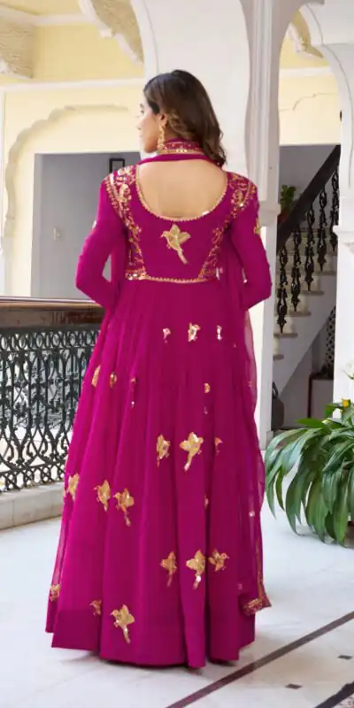 SP 30 Pink Faux Georgette Gown with Mirror Work & Embroidery Work. Get it for ₹1799. Delivery 4-6 Working Days. Online Shop now. | Gowns, Bollywood Gowns, Creative Gowns, Designer Gowns, Embroidered Gowns, Party Wear Gowns