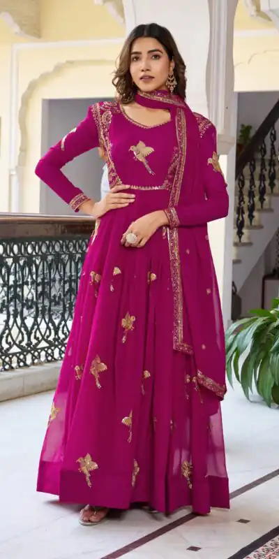 SP 30 Pink Faux Georgette Gown with Mirror Work & Embroidery Work. Get it for ₹1799. Delivery 4-6 Working Days. Online Shop now. | Gowns, Bollywood Gowns, Creative Gowns, Designer Gowns, Embroidered Gowns, Party Wear Gowns