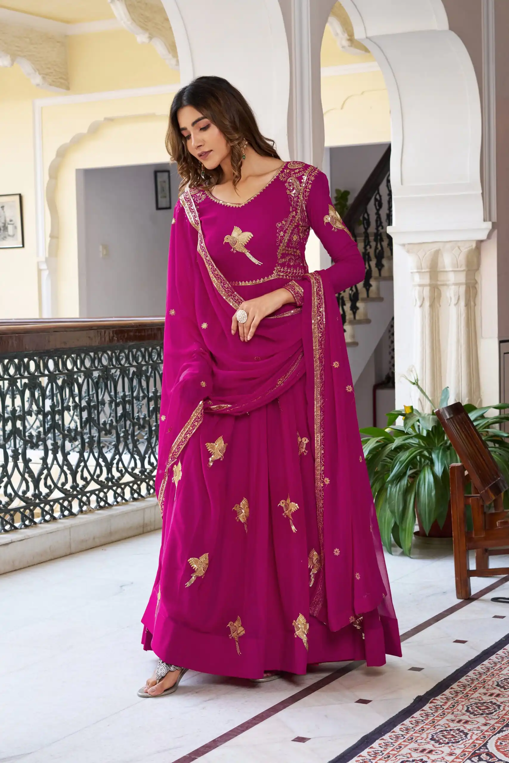 SP 30 Pink Faux Georgette Gown with Mirror Work & Embroidery Work. Get it for ₹1799. Delivery 4-6 Working Days. Online Shop now. | Gowns, Bollywood Gowns, Creative Gowns, Designer Gowns, Embroidered Gowns, Party Wear Gowns
