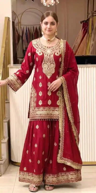 AD 236 Red Color Chinon Silk Salwar Suit with Embroidery Work. Online Get it for ₹2349. Delivery 4-6 Working Days. Shop now. | Jump Suits, Salwar suit, Casual Suits, Creative suits, Designer Suits, Palazzo Suits, Party Wear Suits, Patiala Suits, Straight Suits