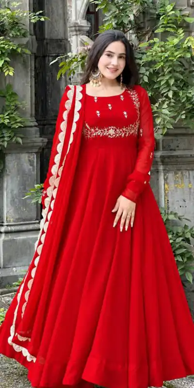 ZB 5078 Red Faux Georgette Gown with Mirror Work & Embroidery Work. Get it for ₹2199. Delivery 4-6 Working Days. Online Shop now. | Gowns, Bollywood Gowns, Creative Gowns, Designer Gowns, Embroidered Gowns, Party Wear Gowns
