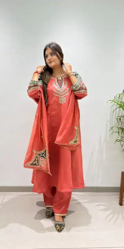 BE 509 Peach Mul Chanderi Salwar Suit with Embroidery Work & Sequins Work. Festive Deal ₹2399. Delivery 4-6 Working Days. Shop nowp | Jump Suits, Salwar suit, Casual Suits, Creative suits, Designer Suits, Palazzo Suits, Party Wear Suits, Patiala Suits, Straight Suits