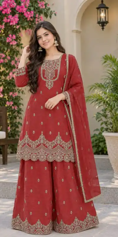 ND 5081 Red Crunchy Silk Salwar Suit with Embroidery Work. Wedding, Party, Festive, Events Best Price ₹2399. Delivery 4-6 Working Days. Shop now. | Jump Suits, Salwar suit, Casual Suits, Creative suits, Designer Suits, Palazzo Suits, Party Wear Suits, Patiala Suits, Straight Suits