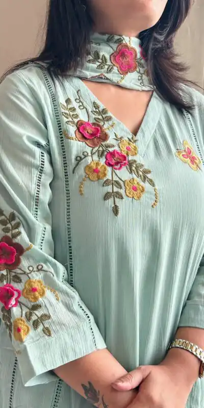 LG 2152 Sea Green in Air Tex Chino Embroidery Work & Cut Work Salwar Suit n. Get it for ₹2499. Delivery 4-6 Working Days. Shop now. | Jump Suits, Salwar suit, Casual Suits, Creative suits, Designer Suits, Palazzo Suits, Party Wear Suits, Patiala Suits, Straight Suits
