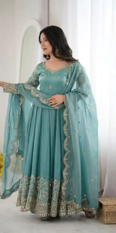ZSR 3185 Sky Blue Fendy Silk Gown with Embroidery Work & Sequins Work. Special Price ₹2399. Delivery 4-6 Working Days. Shop now. | Gowns, Bollywood Gowns, Creative Gowns, Designer Gowns, Embroidered Gowns, Party Wear Gowns
