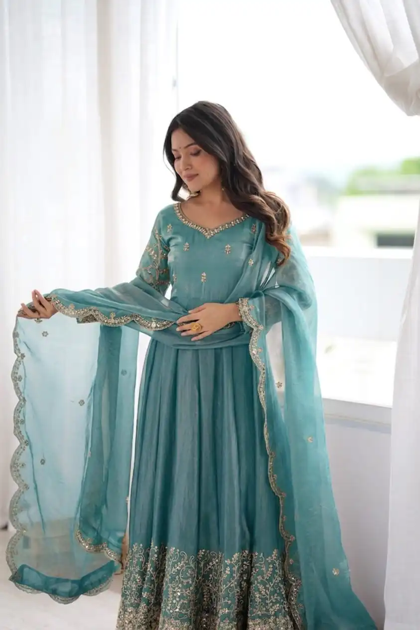 ZSR 3185 Sky Blue Fendy Silk Gown with Embroidery Work & Sequins Work. Special Price ₹2399. Delivery 4-6 Working Days. Shop now. | Gowns, Bollywood Gowns, Creative Gowns, Designer Gowns, Embroidered Gowns, Party Wear Gowns