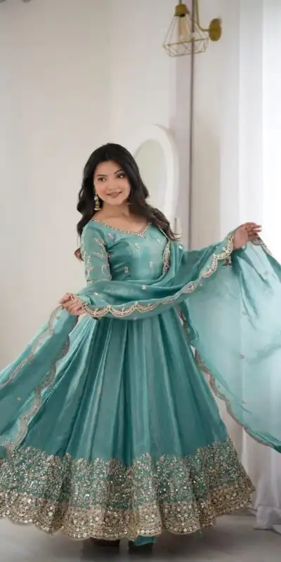 ZSR 3185 Sky Blue Fendy Silk Gown with Embroidery Work & Sequins Work. Special Price ₹2399. Delivery 4-6 Working Days. Shop now. | Gowns, Bollywood Gowns, Creative Gowns, Designer Gowns, Embroidered Gowns, Party Wear Gowns