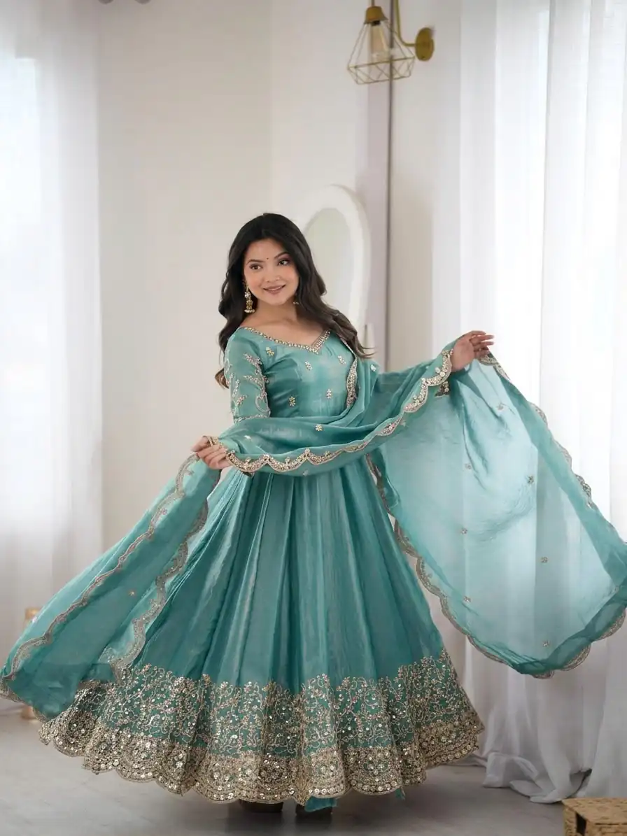 ZSR 3185 Sky Blue Fendy Silk Gown with Embroidery Work & Sequins Work. Special Price ₹2399. Delivery 4-6 Working Days. Shop now. | Gowns, Bollywood Gowns, Creative Gowns, Designer Gowns, Embroidered Gowns, Party Wear Gowns