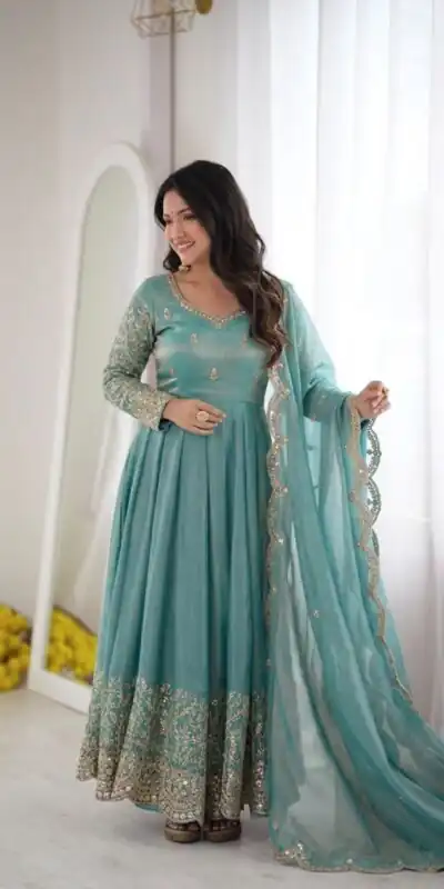 ZSR 3185 Sky Blue Fendy Silk Gown with Embroidery Work & Sequins Work. Special Price ₹2399. Delivery 4-6 Working Days. Shop now. | Gowns, Bollywood Gowns, Creative Gowns, Designer Gowns, Embroidered Gowns, Party Wear Gowns