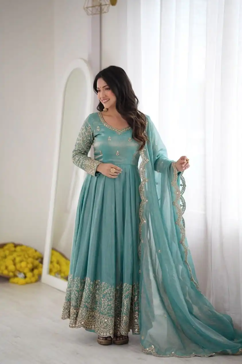 ZSR 3185 Sky Blue Fendy Silk Gown with Embroidery Work & Sequins Work. Special Price ₹2399. Delivery 4-6 Working Days. Shop now. | Gowns, Bollywood Gowns, Creative Gowns, Designer Gowns, Embroidered Gowns, Party Wear Gowns