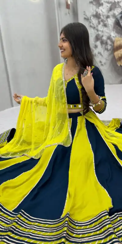 PC 589 Yellow in Pure Cotton Mirror Work & Gamthi Work Lehenga Choli . Exclusive Offer ₹2199. Delivery 4-6 Working Days. Shop now. | Lehenga, Bollywood Lehenga, Creative Lehenga, Designer Lehenga, Embroidered Lehenga, Party Wear Lehenga