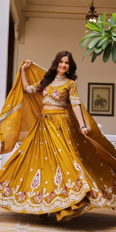 Ram 202 Mustered Color Vichitra Lehenga Choli with Embroidery Work. Exclusive Offer ₹3149. Delivery 4-6 Working Days. Shop now. | Lehenga, Bollywood Lehenga, Creative Lehenga, Designer Lehenga, Embroidered Lehenga, Party Wear Lehenga