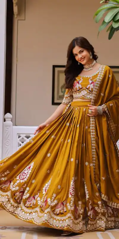Ram 202 Mustered Color Vichitra Lehenga Choli with Embroidery Work. Exclusive Offer ₹3149. Delivery 4-6 Working Days. Shop now. | Lehenga, Bollywood Lehenga, Creative Lehenga, Designer Lehenga, Embroidered Lehenga, Party Wear Lehenga