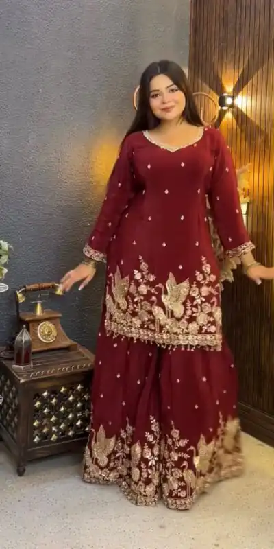 VLM 355 Maroon Chinon Silk Salwar Suit with Embroidery Work & Sequins Work. Get it for ₹2399. Delivery 4-6 Working Days. Shop now. | Jump Suits, Salwar suit, Casual Suits, Creative suits, Designer Suits, Palazzo Suits, Party Wear Suits, Patiala Suits, Straight Suits