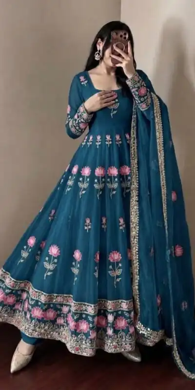 SR 1724 Blue Faux Georgette Gown with Mirror Work & Embroidery Work. Get it for ₹2799. Delivery 4-6 Working Days. Online Shop now. | Gowns, Bollywood Gowns, Creative Gowns, Designer Gowns, Embroidered Gowns, Party Wear Gowns