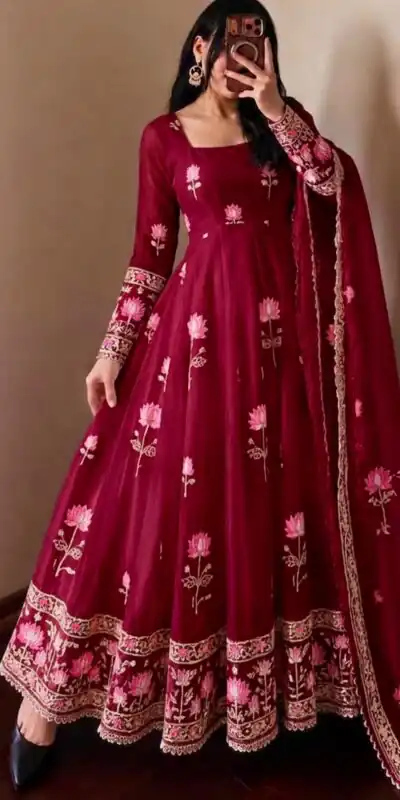 SR 1724 Maroon Faux Georgette Gown with Mirror Work & Embroidery Work. Get it for ₹2799. Delivery 4-6 Working Days. Online Shop now. | Gowns, Bollywood Gowns, Creative Gowns, Designer Gowns, Embroidered Gowns, Party Wear Gowns